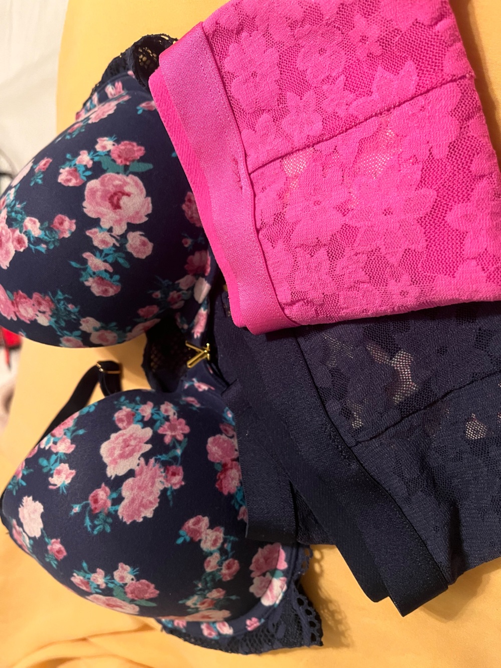 Victoria's Secret Navy Floral Bra with Hot Pink Lace Briefs
